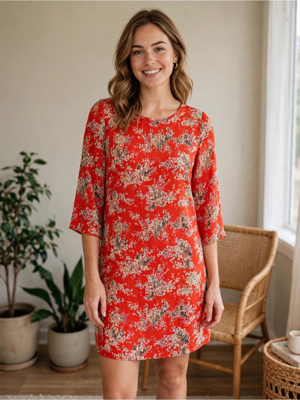 Allison Joy Bright Floral Shift Dress | 3/4 Sleeve Red Print Dress
#0061